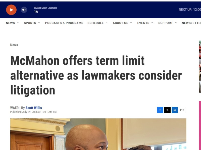 McMahon offers term limit alternative as lawmakers consider litigation –&nbsp;WAER