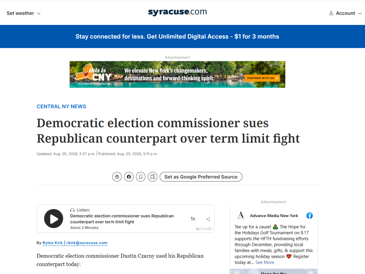 Democratic election commissioner sues Republican counterpart over term limit fight –&nbsp;Syracuse.com