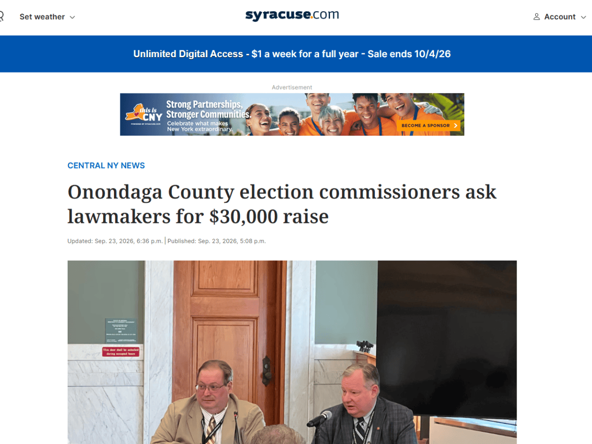 Onondaga County election commissioners ask lawmakers for $30,000 raise –&nbsp;Syracuse.com