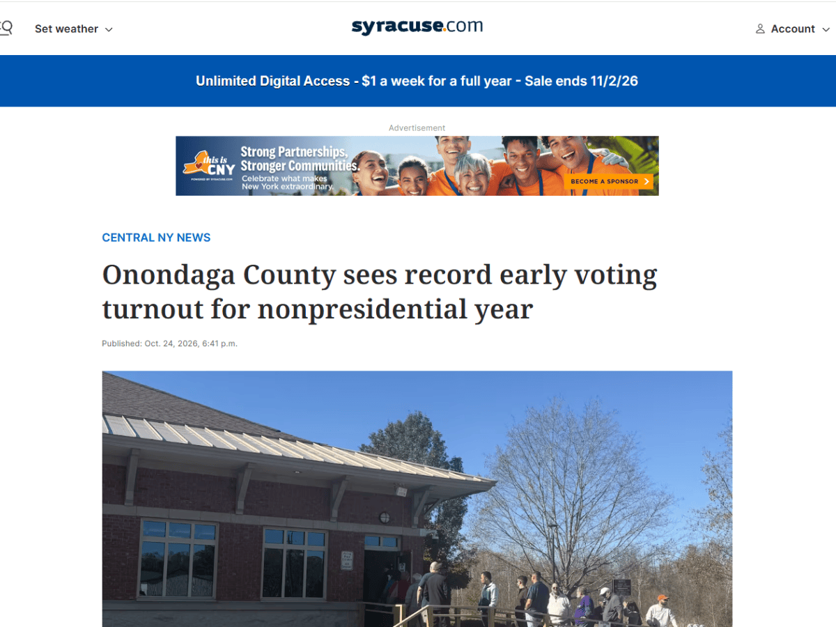 Onondaga County sees record early voting turnout for nonpresidential year –&nbsp;Syracuse.com