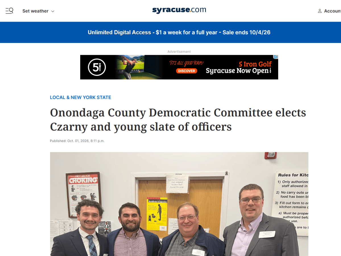 Onondaga County Democratic Committee elects Czarny and young slate of officers –&nbsp;Syracuse.com