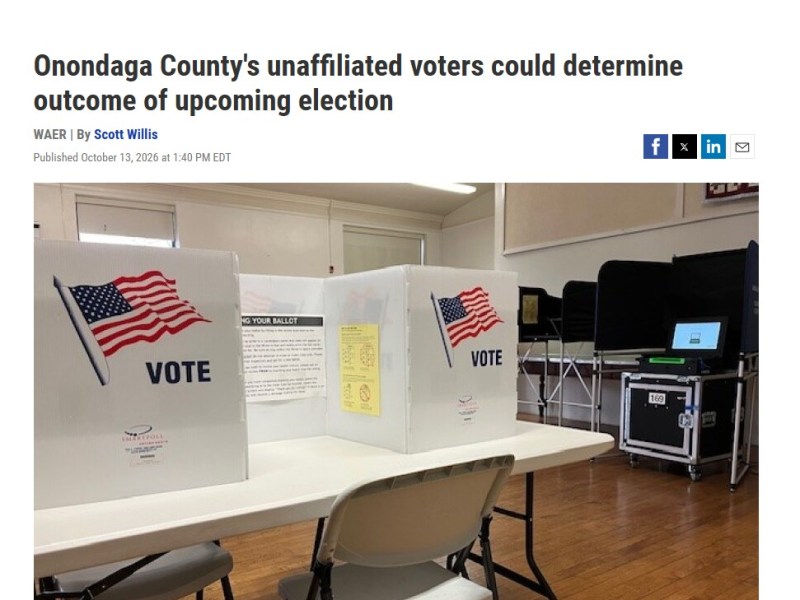 Onondaga County’s unaffiliated voters could determine outcome of upcoming election –&nbsp;WAER