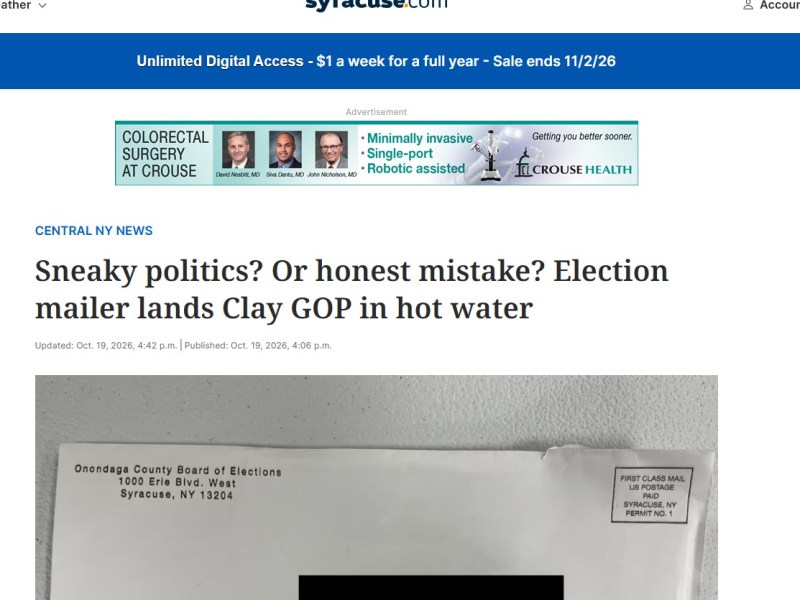 Sneaky politics? Or honest mistake? Election mailer lands Clay GOP in hot water –&nbsp;Syracuse.com