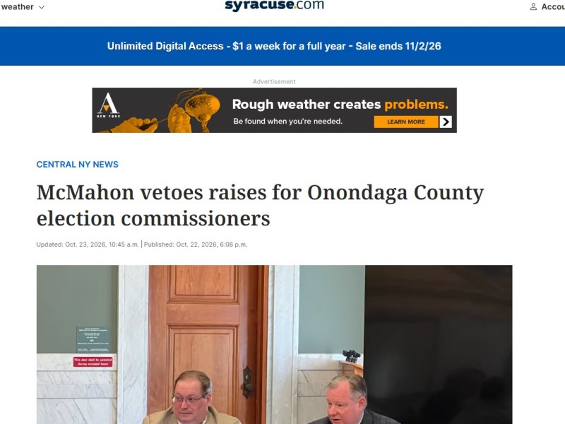 McMahon vetoes raises for Onondaga County election commissioners –&nbsp;Syracuse.com